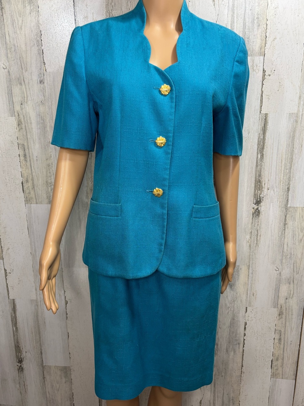 Kim Rogers Vintage Teal Short-Sleeve Blazer Skirt Suit